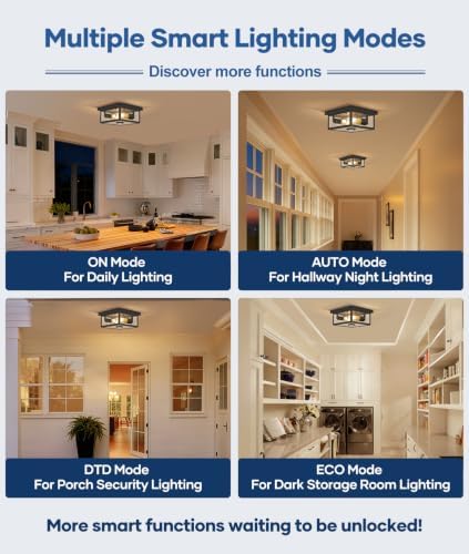 Motion Sensor Outdoor Ceiling Light with Remote, 8.5 Inch Matte Black Flush Mount Porch Light Fixture with United Glass Cover, 5 Modes Outside Flush Mount Light for Porch, Garage, Patio, Entryway