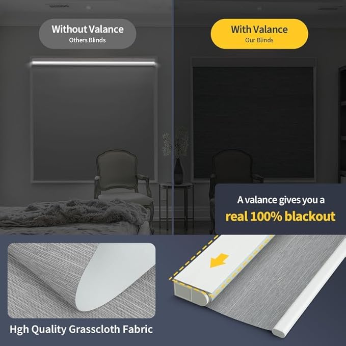 Motorized Blinds with Remote, Grasscloth Fabric Smart Blinds with Valance Cover, Cordless Automatic Roller Shades, Blackout Electric Blinds for Windows,Gray 44" W x 72" H