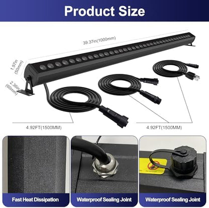 40-Inch Linkable LED Wall Washer Light Bar – Smart RGBCW Color Changing LED, Bluetooth & RF Remote Control, 2700K–6500K Tunable White, 16M Colors, 1–100% Dimmable, IP65 Waterproof
