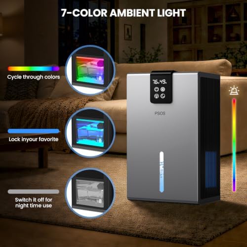 Dehumidifier, Dehumidifiers for Home, 98 OZ Water Tank, (1000 sq.ft) Quiet Dehumidifier for Basement Bathroom Bedroom with Humidity Display, Auto Shut Off, Relaxing 7 Color Ambient Light(Gray)