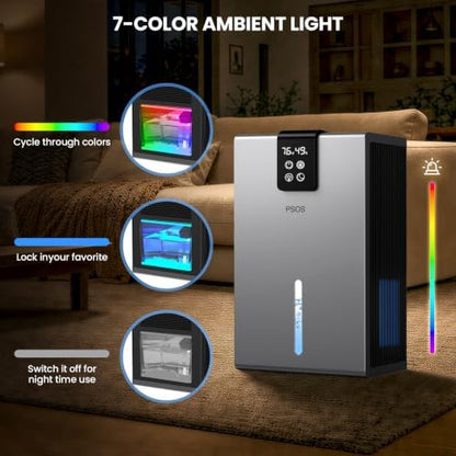 Dehumidifier, Dehumidifiers for Home, 98 OZ Water Tank, (1000 sq.ft) Quiet Dehumidifier for Basement Bathroom Bedroom with Humidity Display, Auto Shut Off, Relaxing 7 Color Ambient Light(Gray)