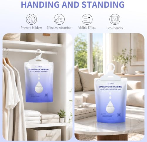 CLEVAST Moisture Absorbers Packets 10 Pack, Dehumidifier Bags for Closet, Unscented Hanging Humidity Absorber in Wardrobes, Bedrooms, Bathrooms (2 in1)