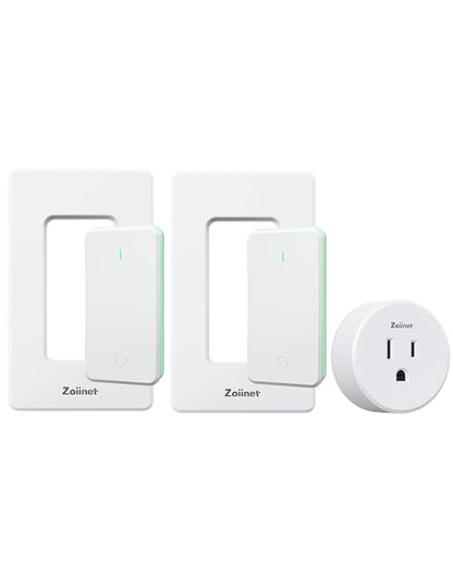 Zoiinet Remote Control Outlet Plug with 2 Switches, Buckle Design & Removable Wireless Light Switch, No Wiring Needed, 300 ft, 15A/1500W, Programmable, for Household Appliances