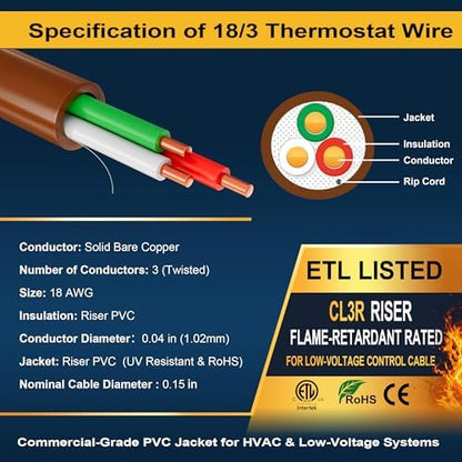 18/3 Thermostat Doorbell HVAC Wire, True Gauge 18 AWG 3 Conductor Solid Copper Control Cable, ETL Listed CL3R/CMR Riser Rated Flame-Retardant, RoHS, for 0-30V Low Voltage Systems - 75FT
