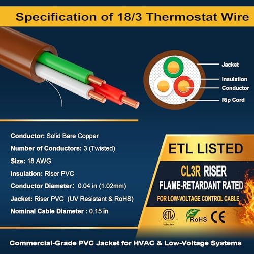 18/3 Thermostat Doorbell HVAC Wire, True Gauge 18 AWG 3 Conductor Solid Copper Control Cable, ETL Listed CL3R/CMR Riser Rated Flame-Retardant, RoHS, for 0-30V Low Voltage Systems - 100FT
