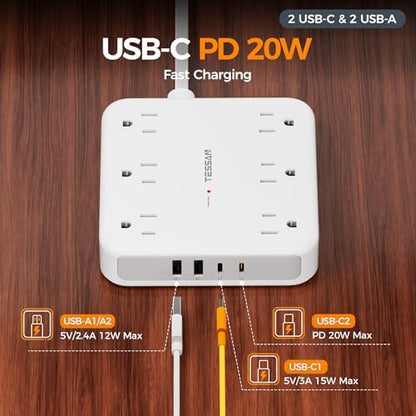 TESSAN Surge Protector Power Strip, 5Ft Flat Plug Extension Cord, Grey
