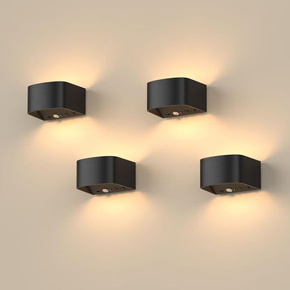 FULEN 4 Pack Motion Sensor Wall Lamp with Remote Control 3 Colors Wireless Wall Light LED Indoor Up and Down Wall Sconce 5000mAh Rechargeable Battery Powered Wall Lamps Brightness Adjustable,Black