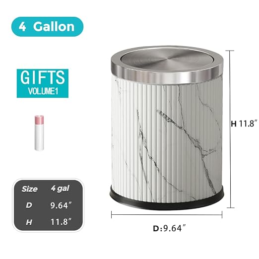 4 Gallon / 15L Trash Can Bathroom with Swing Lid, White Gold Garbage Can, Leather, Modern, Large Office Waste Basket, for Bedroom, Kitchen, Powder Room, Hotel, Business(15L Ink Marble)