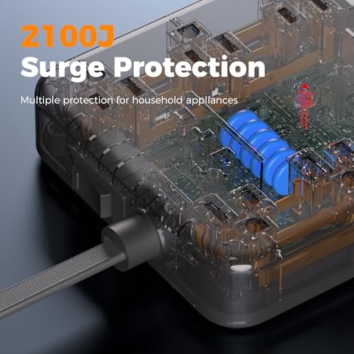 TESSAN Surge Protector Power Strip, 10Ft Flat Plug Extension Cord, Black