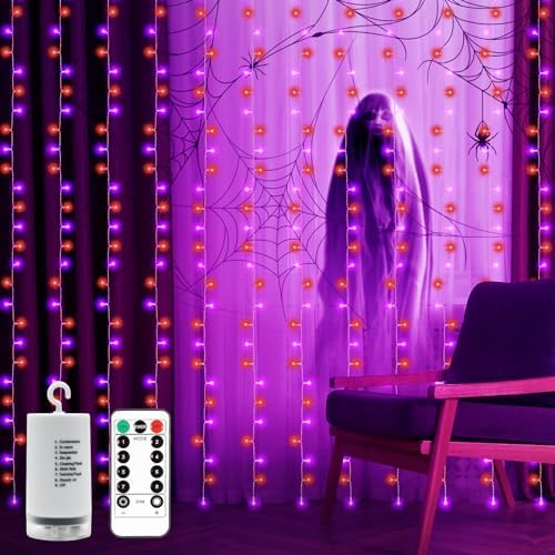 echosari Halloween Curtain Lights Battery Operated 300 LED Purple Orange