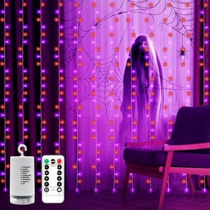 echosari Halloween Curtain Lights Battery Operated 300 LED Purple Orange