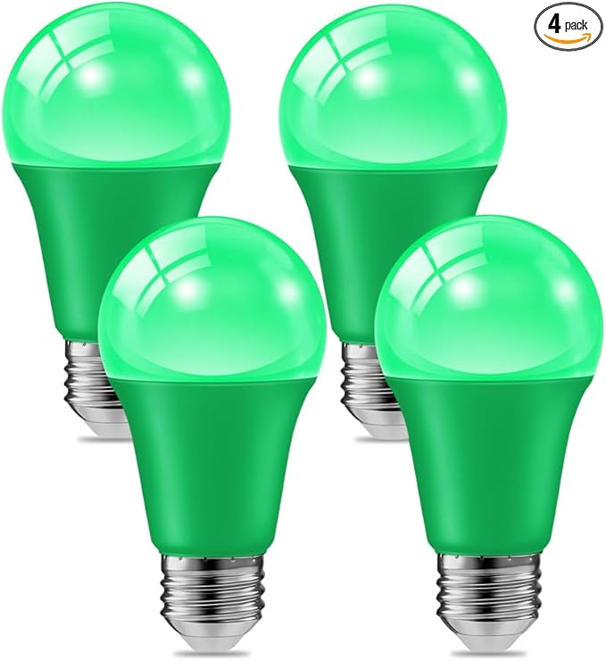 haraqi 4 Pack 9W (60W Equivalent) 120V E26 Base A19 LED Colored Light Bulb, Green LED Lights for Party Christmas Decor and Halloween Lighting