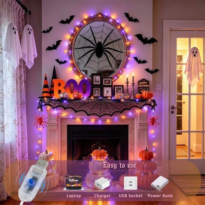 JMEXSUSS 100 LED Orange and Purple Fairy Halloween Lights USB Powered