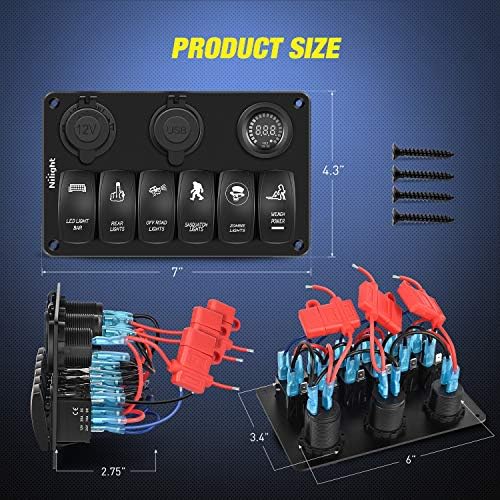 Nilight 6 Gang Rocker Switch Panel 5PIN On Off Laser Pattern Toggle | SPST 12V/20A 24V/10A Dual USB Charger Cigarette Lighter Socket with Fuse for LED Light Bar Rear Zombie Lights RV Boats 4X4 Blue