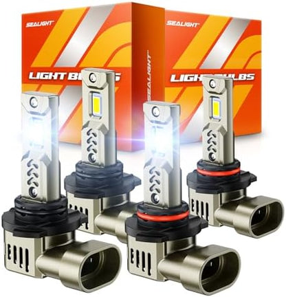 SEALIGHT 9005/HB3 9006/HB4 LED Bulbs Combo, 1200% Super Bright, 1:1 Mini Size, 10-Year Extended Lifespan with Cooling Fan, 6500K White Canbus Ready, Plug-N-Play, Pack of 4