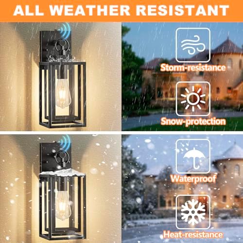 14 IN Dusk To Dawn Outdoor Light Fixture,Double Cage Satin Black Outdoor Wall Lanterns For House,Front Porch,Patio,Yard With Clear Tempered Glass,Waterproof Exterior Wall Light,E26 Base,1 Pack