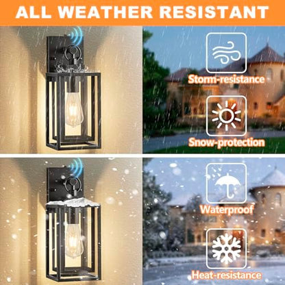 14 IN Dusk To Dawn Outdoor Light Fixture,Double Cage Satin Black Outdoor Wall Lanterns For House,Front Porch,Patio,Yard With Clear Tempered Glass,Waterproof Exterior Wall Light,E26 Base,1 Pack
