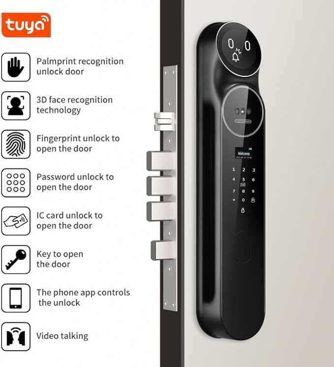 3D Face Recognition Smart Door Lock with Camera: AI Voice commandes, Video Intercom, Palm Vine, Tuya App Access, Biometric Fingerprint& Keyless Entry, Heavy Duty, Aluminum, for Home & Office