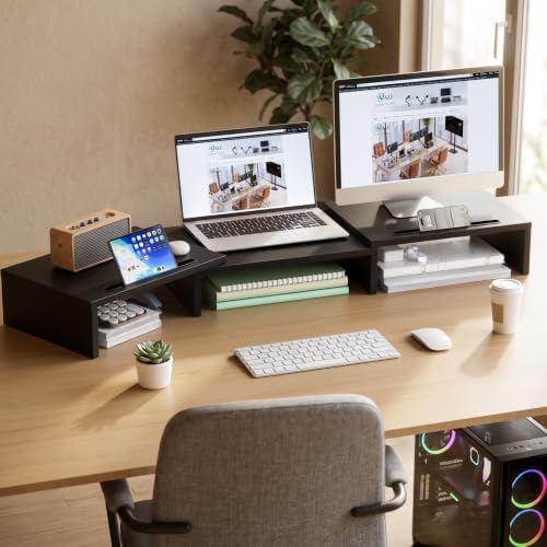 WALI Extra Long Wooden Dual Monitor Stand Riser with 2 Slots, up to 22lbs