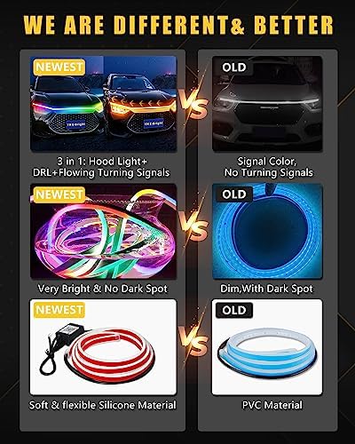 YM E-Bright LED Hood Light Strip, 79in RGB App Control Dynamic Scan DRL 12V