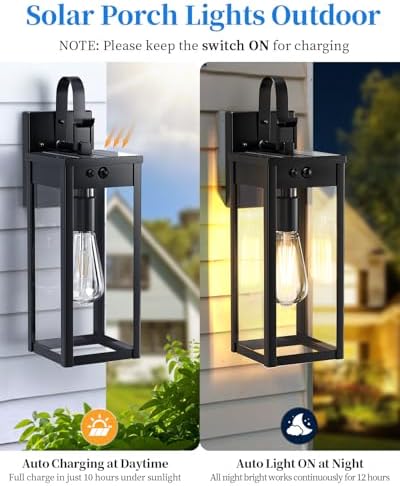 17" Solar Porch Lights Outdoor, with Motion Sensor, 2 Packs, Black
