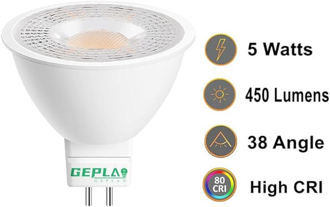 GEPLAD 6 Pack MR16 GU5.3 LED Bulbs, 5W 450 Lumens 3000K Soft White, 50W Halogen Equivalent, 38° Beam Angle, 12V-24V AC/DC, for Indoor/Outdoor Track & Recessed Lighting, Non-Dimmable