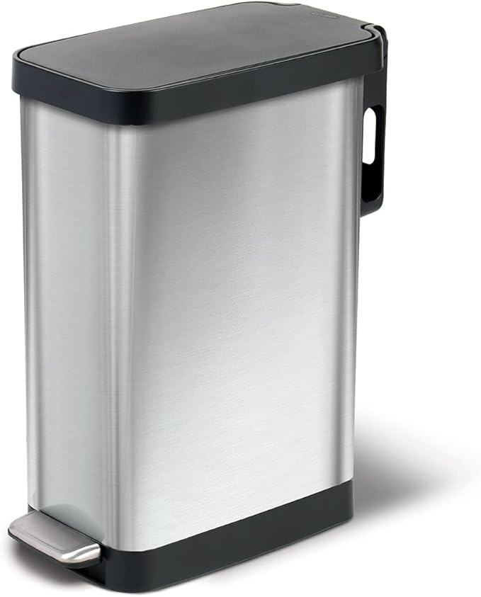 Glad Slim Trash Can with Clorox Odor Protection - Narrow Kitchen Garbage Bin with Soft Close Lid, Step On Foot Pedal and Waste Bag Roll Holder, Stainless Steel, 12 Gallon/45 Liter