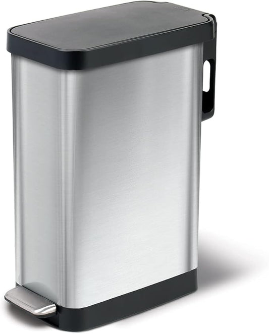 Glad Slim Trash Can with Clorox Odor Protection - Narrow Kitchen Garbage Bin with Soft Close Lid, Step On Foot Pedal and Waste Bag Roll Holder, Stainless Steel, 12 Gallon/45 Liter