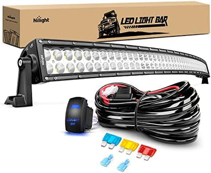 Nilight 54 Inch 312W Curved Spot Flood Combo Led Light Bar LED Off Road Light Driving Light and 1PC 14AWG 12V 5Pin Rocker Switch Wiring Harness Kit - 1 Lead