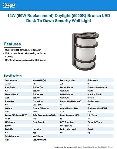 Feit Electric - Dusk to Dawn LED Bronze Half Moon Security Outdoor Wall Light, 5000K (73702)