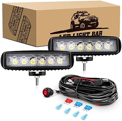 GOOACC 2 PCS 18w Spot Led Light Bar Work Light Pods Off Road Driving Light Fog Light Reverse Lights with 16AWG Off Road Wiring Harness-2 Leads for Truck Truck Boat SUV ATV, 2 Years Warranty