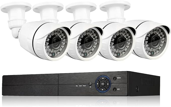 Eversecu 4Ch Home Security Camera System, 1080P DVR & 4pcs HD Weatherproof Cameras, Night Vision, Motion Alert, Remote Access, Power adapters & Premade Cables Included, No Hard Driver