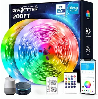 DAYBETTER Smart WiFi Led Lights 200 ft, Led Strip Lights Work with Alexa and Google Assistant, App Voice Remote Control Music Sync Color Changing RGB Strip Lighting for Bedroom Room Decor, 100 ft *2