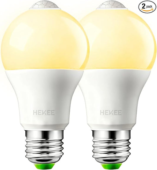 HEKEE Motion Sensor LED Light Bulb 9W A19 PIR Built-in IR 60W Equivalent Bright 900 Lumens E26 Base Warm White Bulbs (2 Packs)