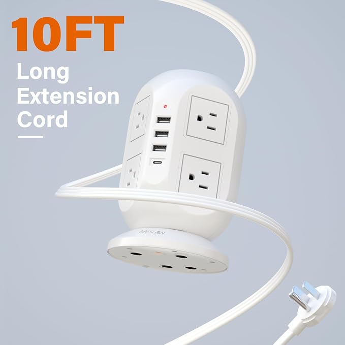 Tower Surge Protector Power Strip 10 ft with 8 Outlets 4 USB Ports(1 USB C), Flat Plug Extension Cord with Multiple Outlets Charging Station for Home Office Dorm, White