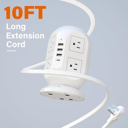 Tower Surge Protector Power Strip 10 ft with 8 Outlets 4 USB Ports(1 USB C), Flat Plug Extension Cord with Multiple Outlets Charging Station for Home Office Dorm, White