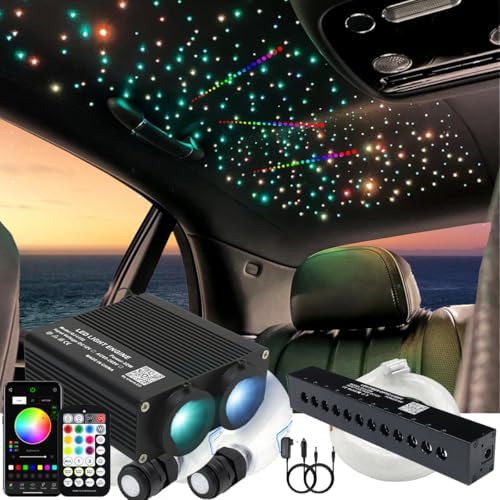 AZIMOM Dual Color 32W 600pcs Fiber Optic Starlight Headliner Kits 0.03in 9.8ft Strands,RGB Meteor Shooting Star,Sound Activated Remote APP Control Home Car Headliner Décor