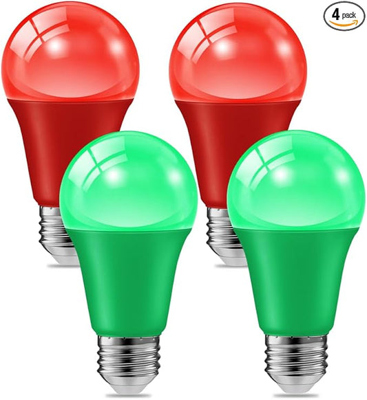 haraqi 4 Pack 9W (60W Equivalent) 120V E26 Base A19 LED Colored Light Bulb, Green and Red LED Lights for Party Christmas Decor and Halloween Lighting