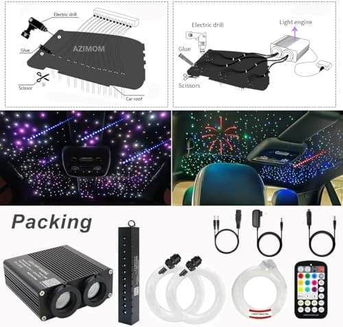 AZIMOM Dual Color 32W Fiber Optic Starlight Headliner Kits1300pcs 0.03in 13.1ft, RGB Meteor Shooting Star, Sound Activated Remote APP Control Home Car Ceiling Décor