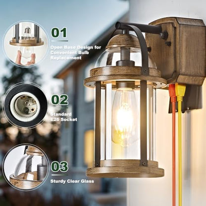 OKELI Dusk to Dawn Outdoor Wall Lights with GFCI Outlet, Waterproof Rustic Farmhouse Wall Lanterns with Clear Glass Shades, Anti-Rust Outside Fixture Lights for Garage Patio Porch, Wood Grain, 2 Pack