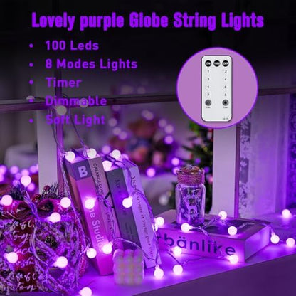 JMEXSUSS Connectable 100 LED Globe Purple Halloween Lights Indoor 8 Modes