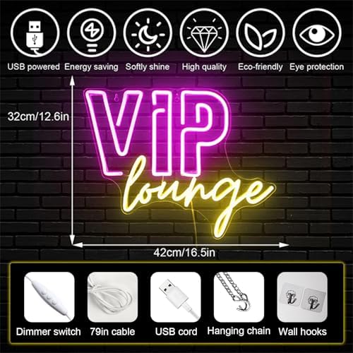 Horseneon VIP Lounge Neon Signs for Wall Decor, VIP Neon Lights Signs for Room Decor, Led Light Up Sign with USB Powered for Bar, Hotel, Cafe, VIP Room, Home Decoration (Pink& yellow)
