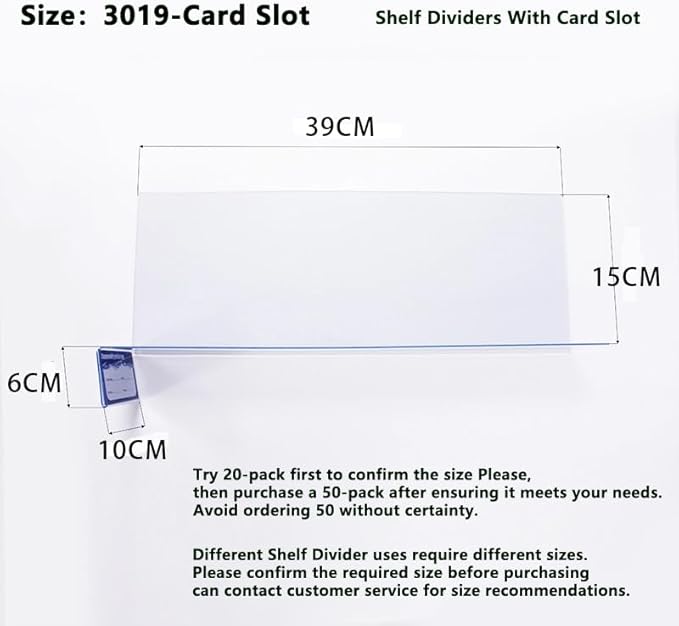 20 Pcs 39*15CM Transparent Shelf Dividers with Card Slot，Adjustable Shelf Organizers, Crystal Clear PVC, Ideal for Product Display and Organization on Wire Shelves, Retail Shelving by Clip Strip