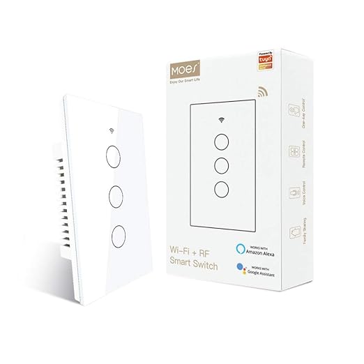 MOES Touch Wall Single Live Wire Smart Switch，No Neutral Wire Needed, 2.4GHz WiFi RF433 Light Switch Works with Smart Life/Tuya App, Alexa and Google Home, Single Pole 110V, White 3 Gang