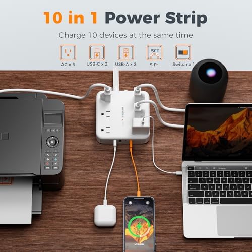 TESSAN Surge Protector Power Strip, 5Ft Flat Plug Extension Cord, Grey