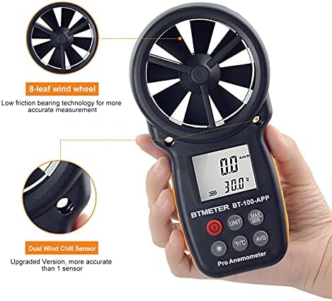 BTMETER BT-100APP Anemometer w/Wireless Bluetooth, Digital Handheld Wind Speed Meter for Wind Chill, Air Velocity, Temperature, Vane Anemometer Gauge