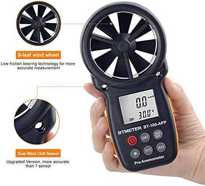 BTMETER BT-100APP Anemometer w/Wireless Bluetooth, Digital Handheld Wind Speed Meter for Wind Chill, Air Velocity, Temperature, Vane Anemometer Gauge
