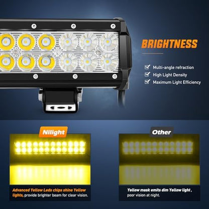 Nilight LED Light Bar 12 Inch 72W Spot Flood Combo Yellow Beam