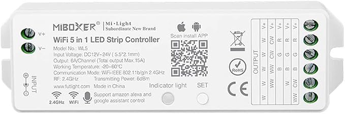 LGIDTECH Miboxer WL5(YL5 VUP) LED Strip Light 5 in 1 Controller for 5050 3528 2835,Smartphone APP Control Without Extra Hub.Amazon Alexa Google Home Assistant Voice Control,DC12-24V,180W-360W
