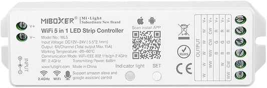 LGIDTECH Miboxer WL5(YL5 VUP) LED Strip Light 5 in 1 Controller for 5050 3528 2835,Smartphone APP Control Without Extra Hub.Amazon Alexa Google Home Assistant Voice Control,DC12-24V,180W-360W